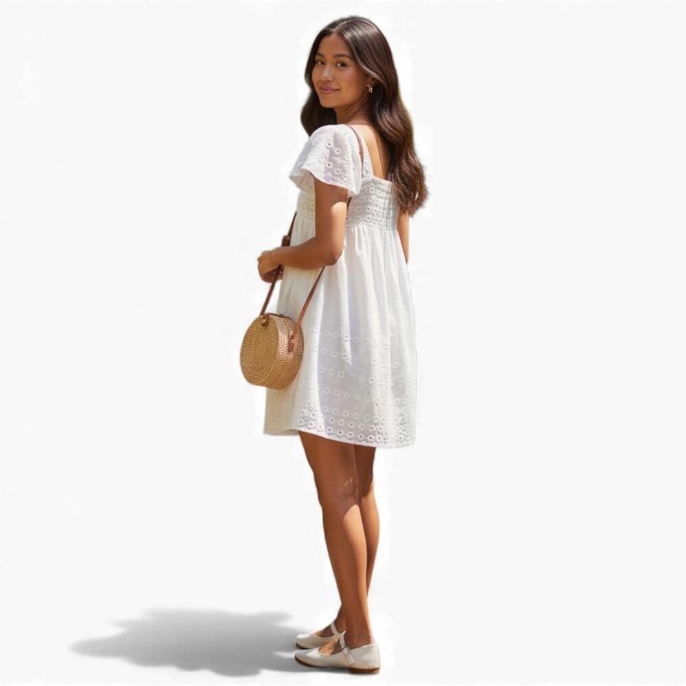 NWT CAARA White Eyelet Mini Dress A-Line Flutter Sleeve M Coquette Cottagecore - Picture 3 of 9